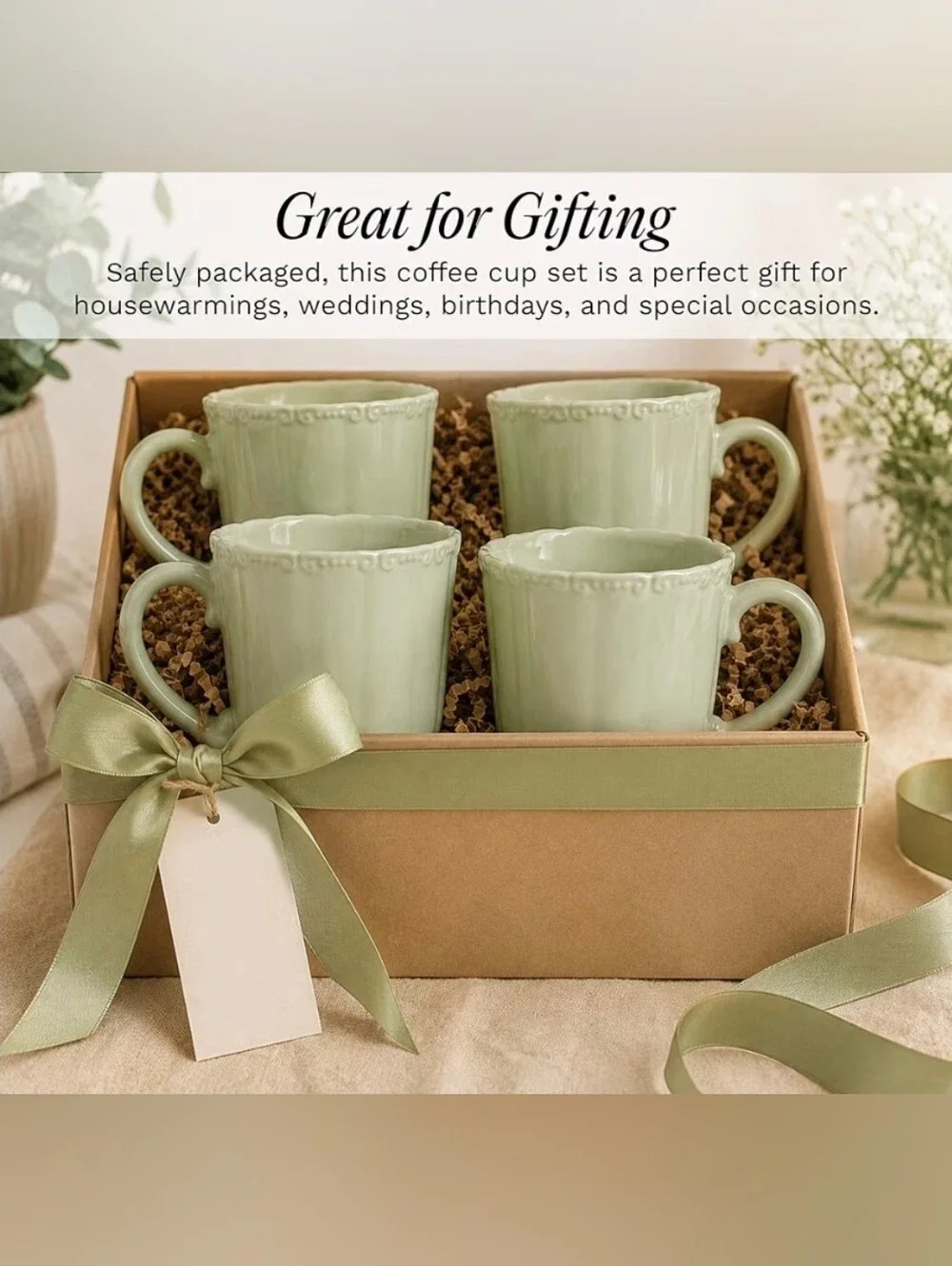 Vibrant Ceramic Set of 4 Bethany Sage Green Coffee Mugs | 15 oz | NEW IN BOX |
